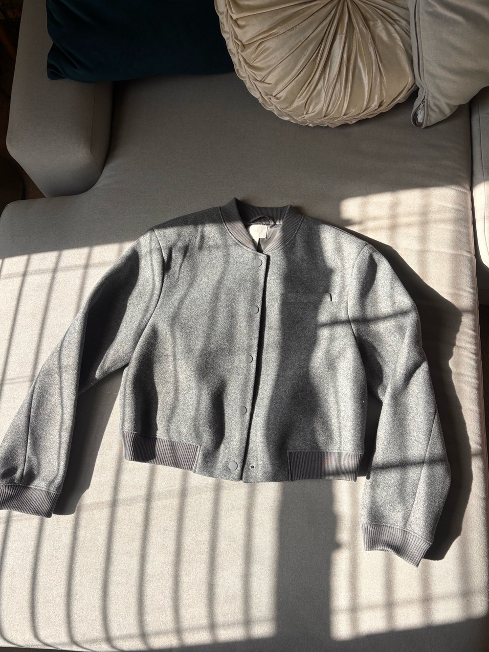 H&M Women’s Cotton Bomber Jacket, Cropped and Boxy Fit, Grey, Size Small